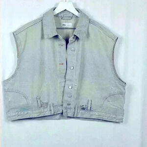 Zara Jean Jacket Sleeveless Distressed Button Front Pockets Collar Light Wash M